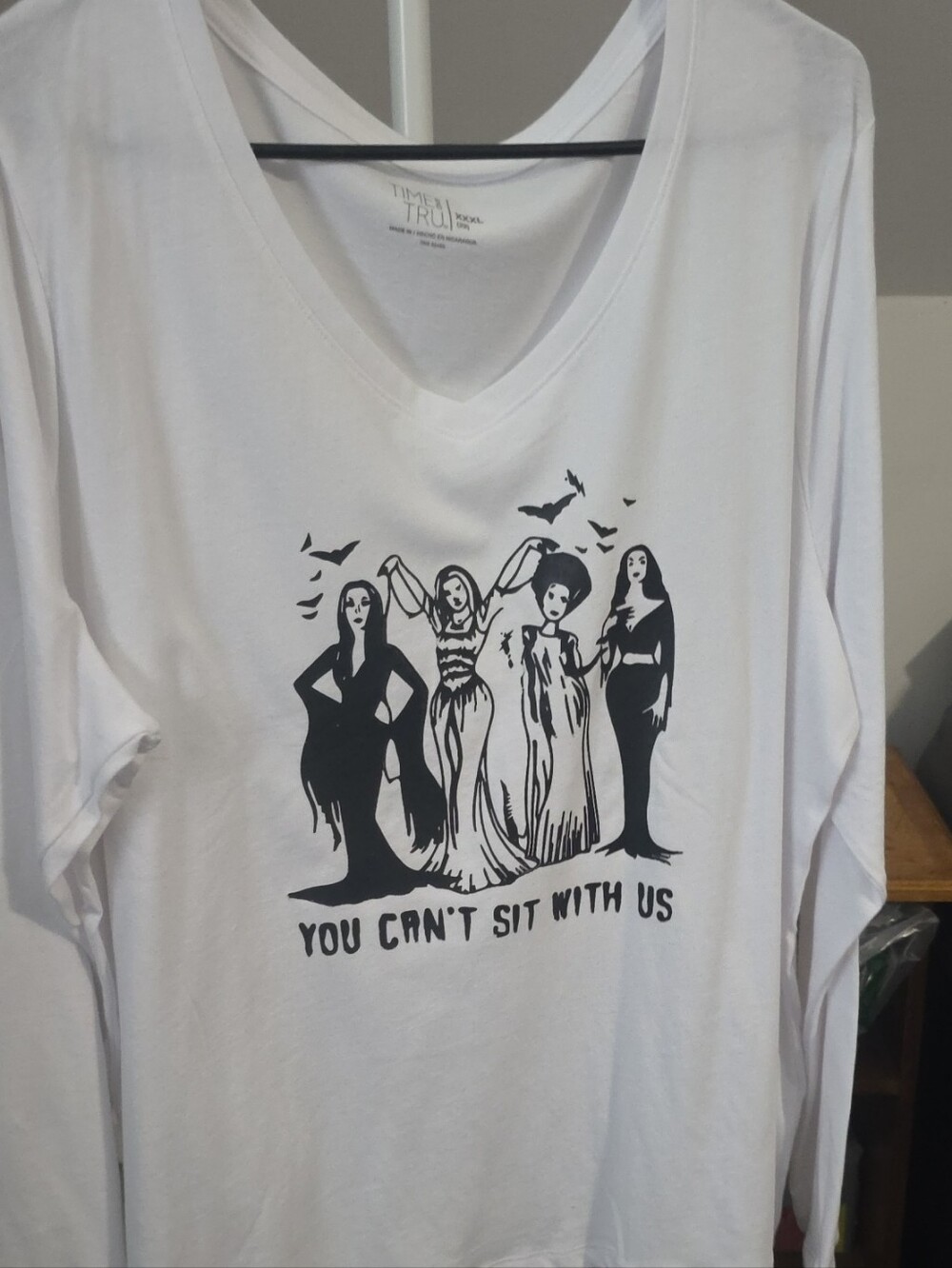 Time and Tru White Long-Sleeve V-Neck Top with Black Halloween Graphic